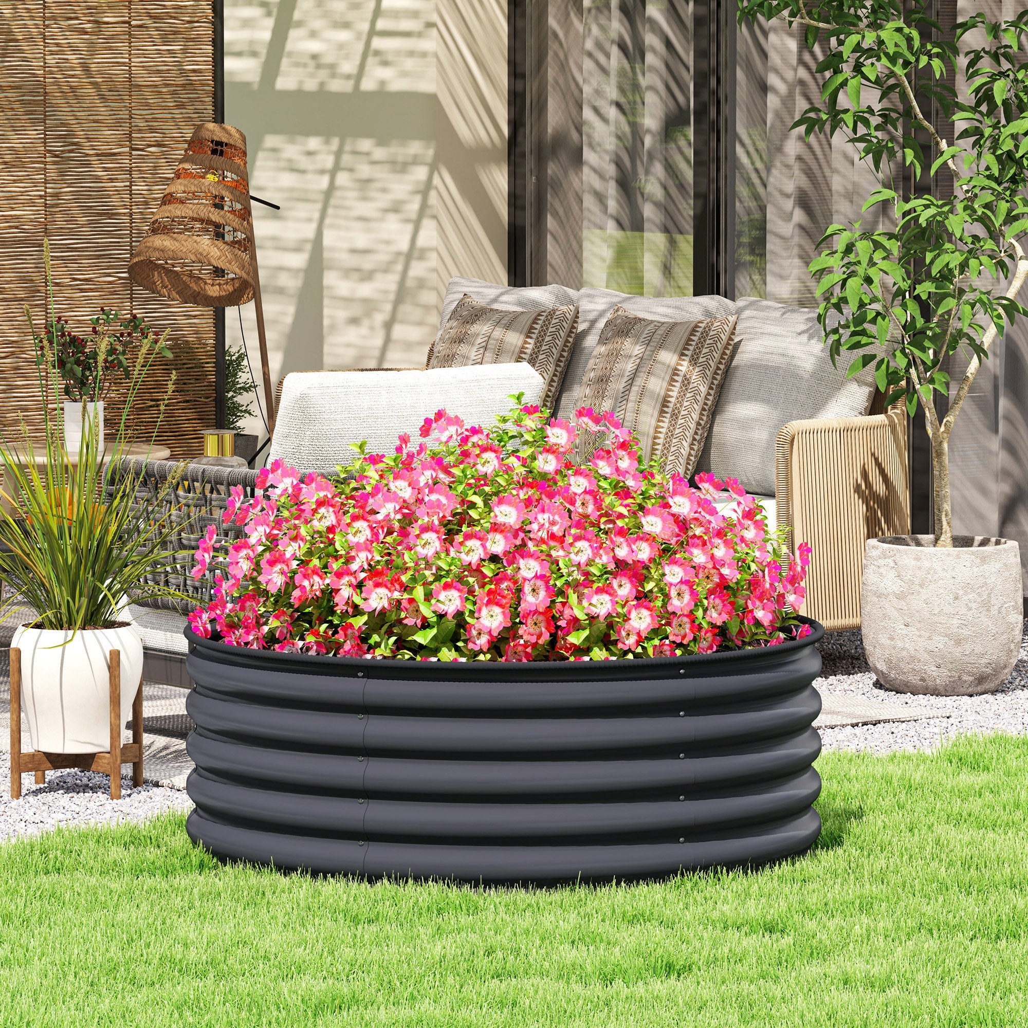 Galvanised Raised Garden Bed Set with Gloves - 120x120x43cm Dark Grey