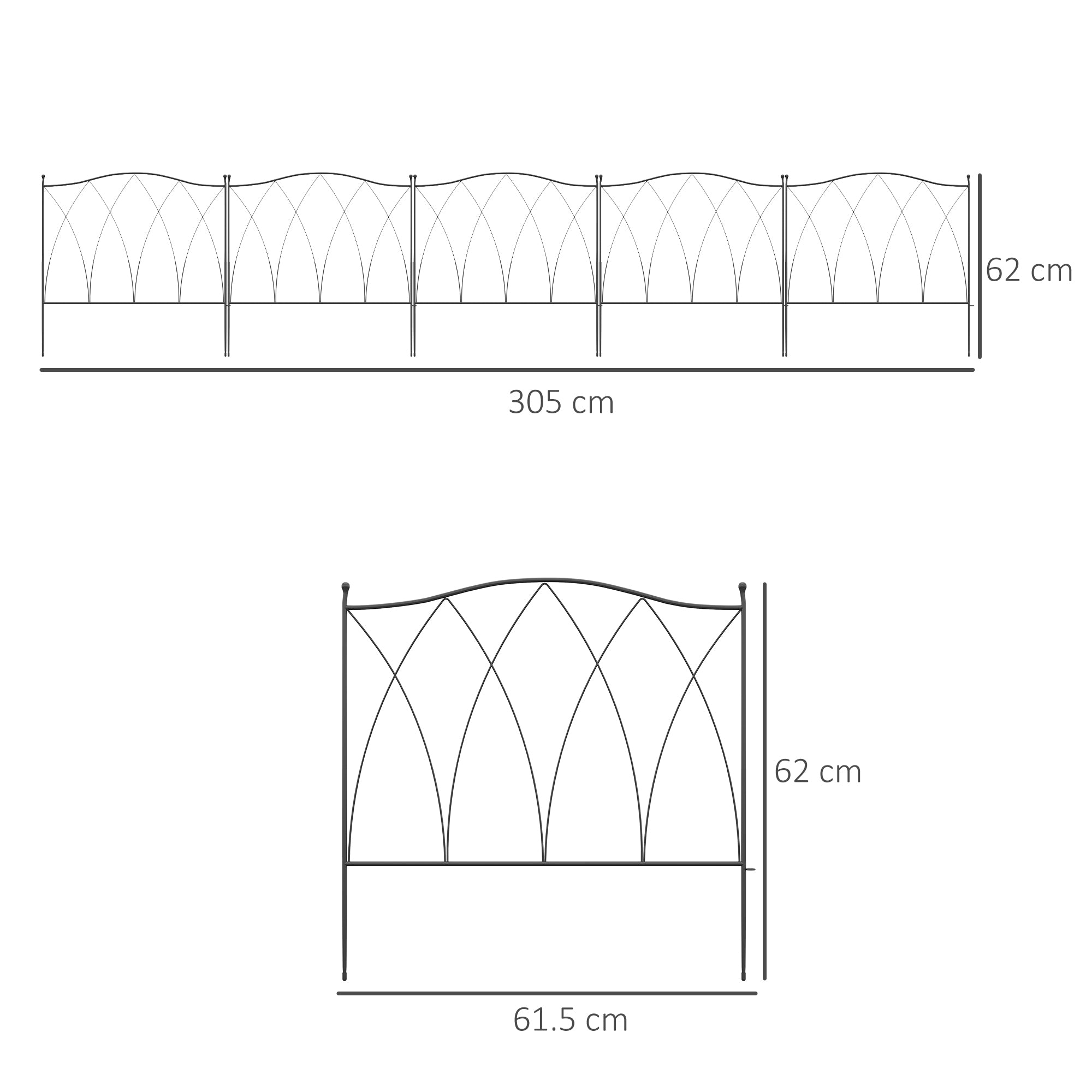 Set of 5 Rustproof Metal Garden Fence Panels - Black