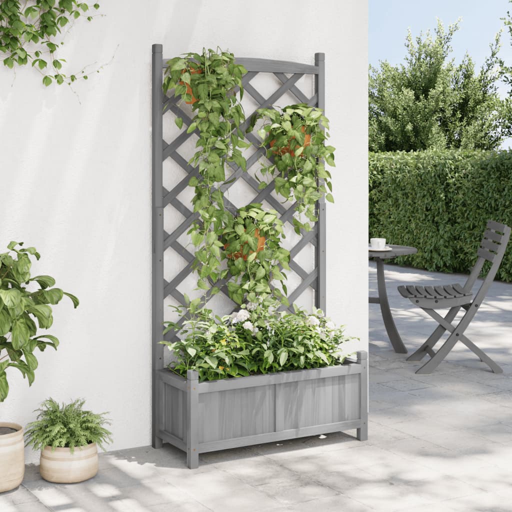 vidaXL Planter with Trellis Gray Solid Wood Fir