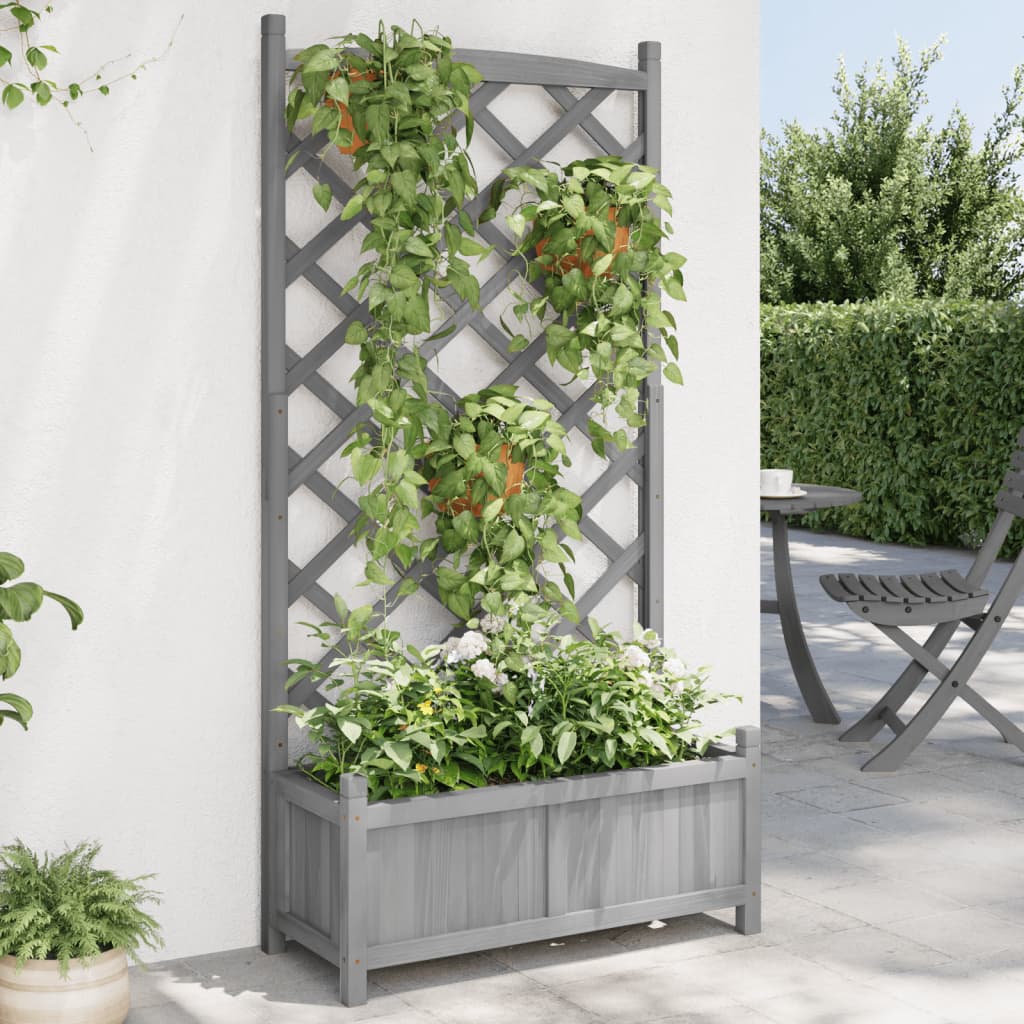 vidaXL Planter with Trellis Gray Solid Wood Fir