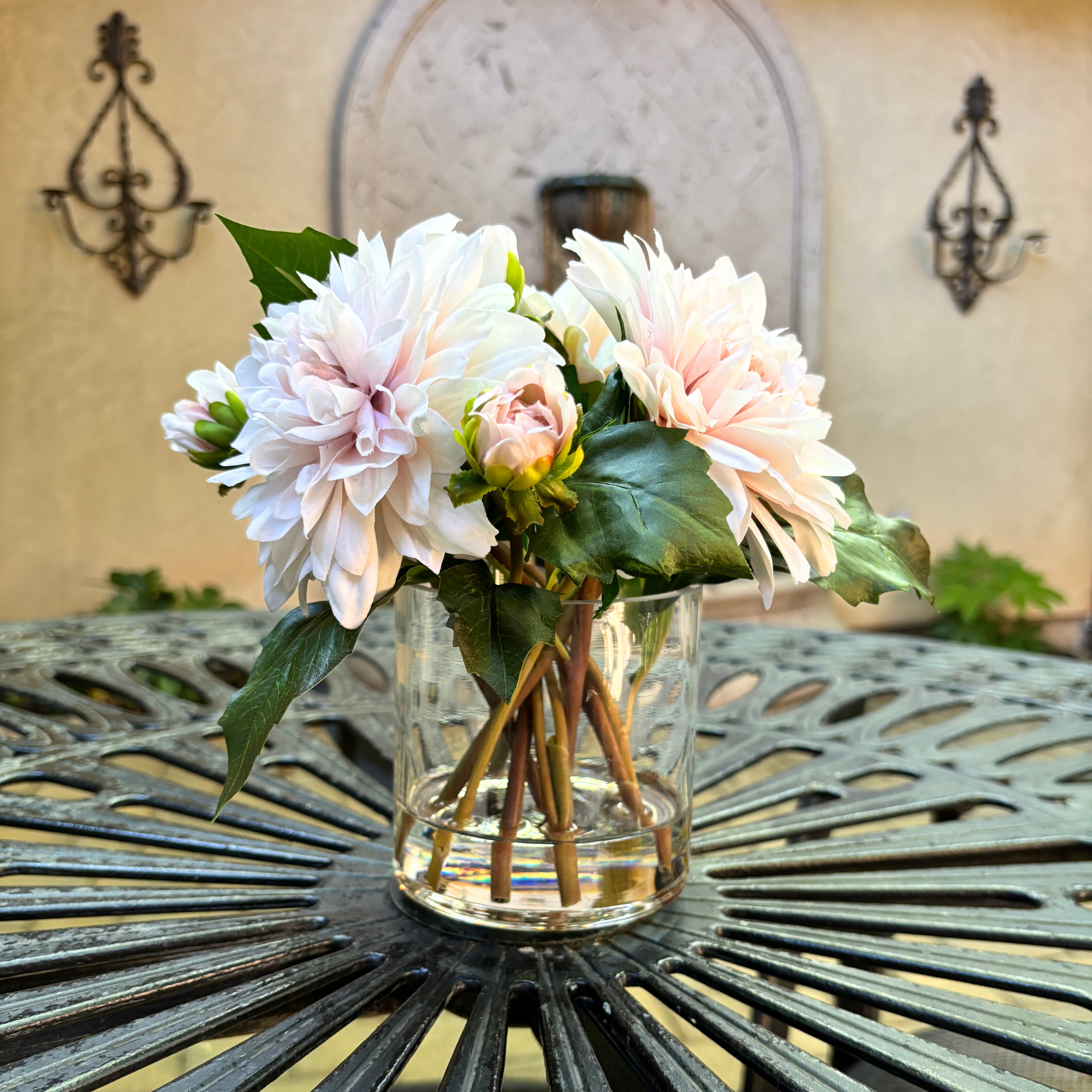 Artificial Dahlia Flower Arrangement in Glass Vase - 10"-4