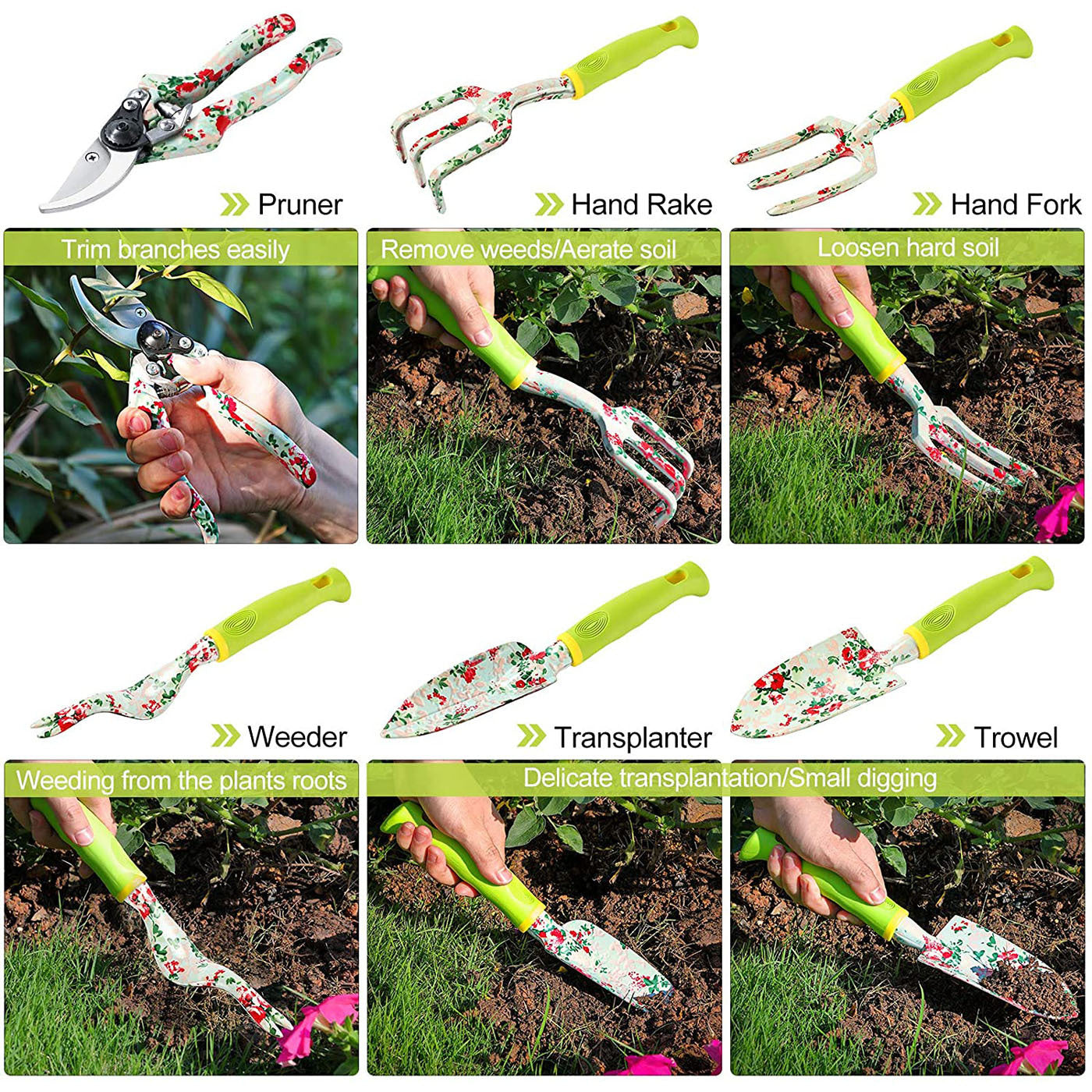 NNEDSZ Green 9-Piece Floral Garden Tool Set for Women – Complete Gardening Kit with Tote Bag, Pruners, and Gloves