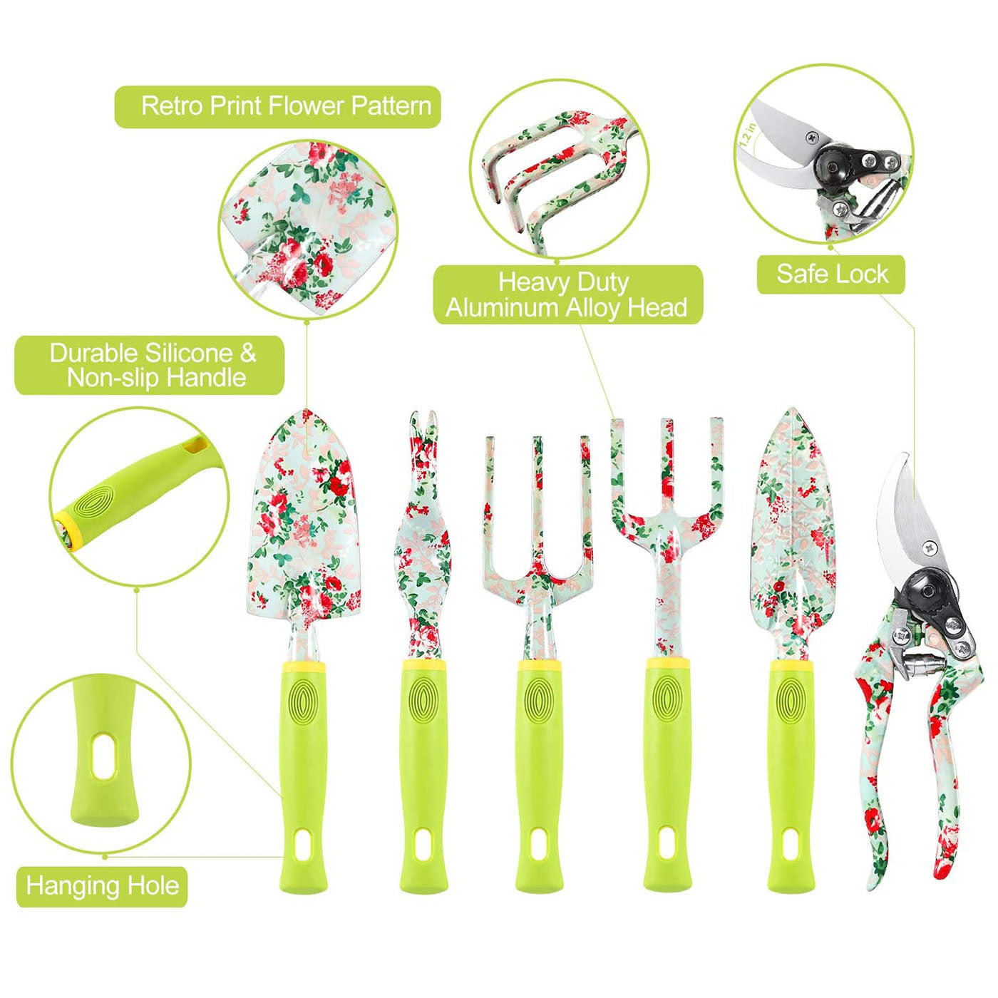 NNEDSZ Green 9-Piece Floral Garden Tool Set for Women – Complete Gardening Kit with Tote Bag, Pruners, and Gloves