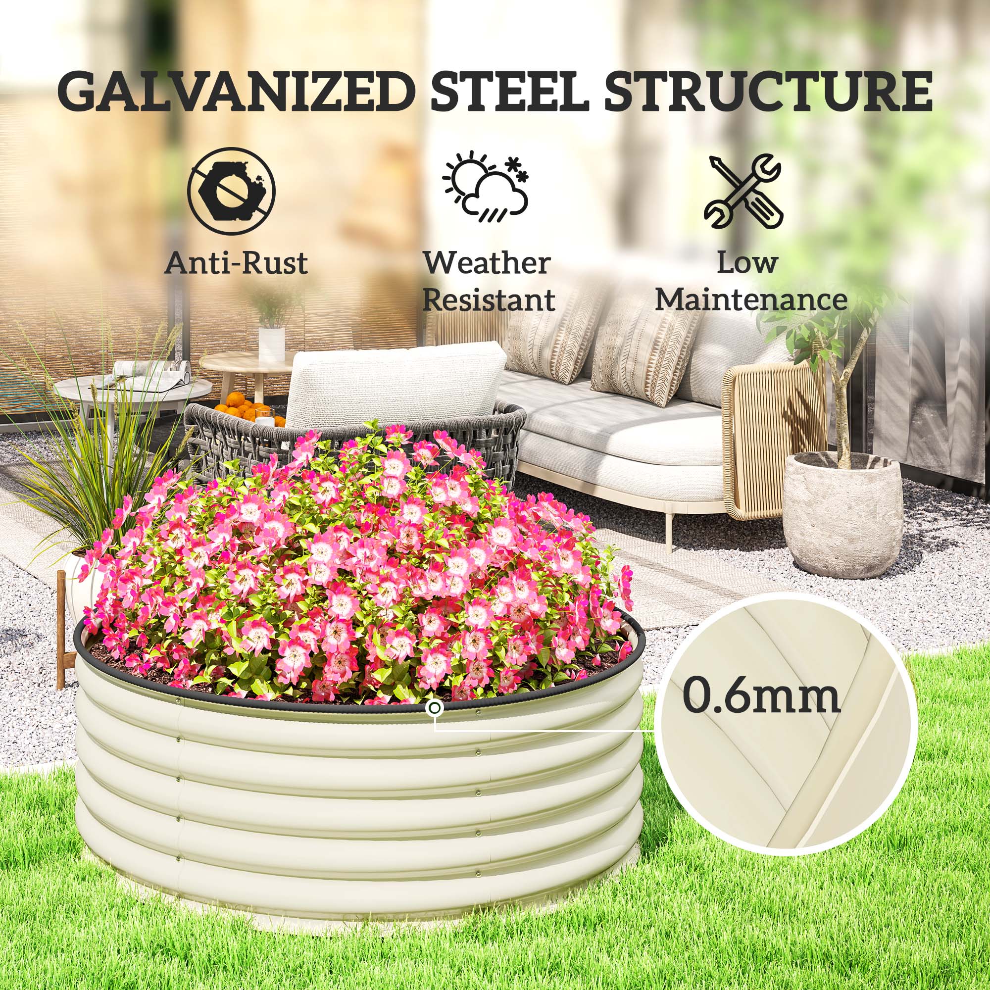 Galvanised Raised Garden Bed with Safety Edging and Gloves - Cream White