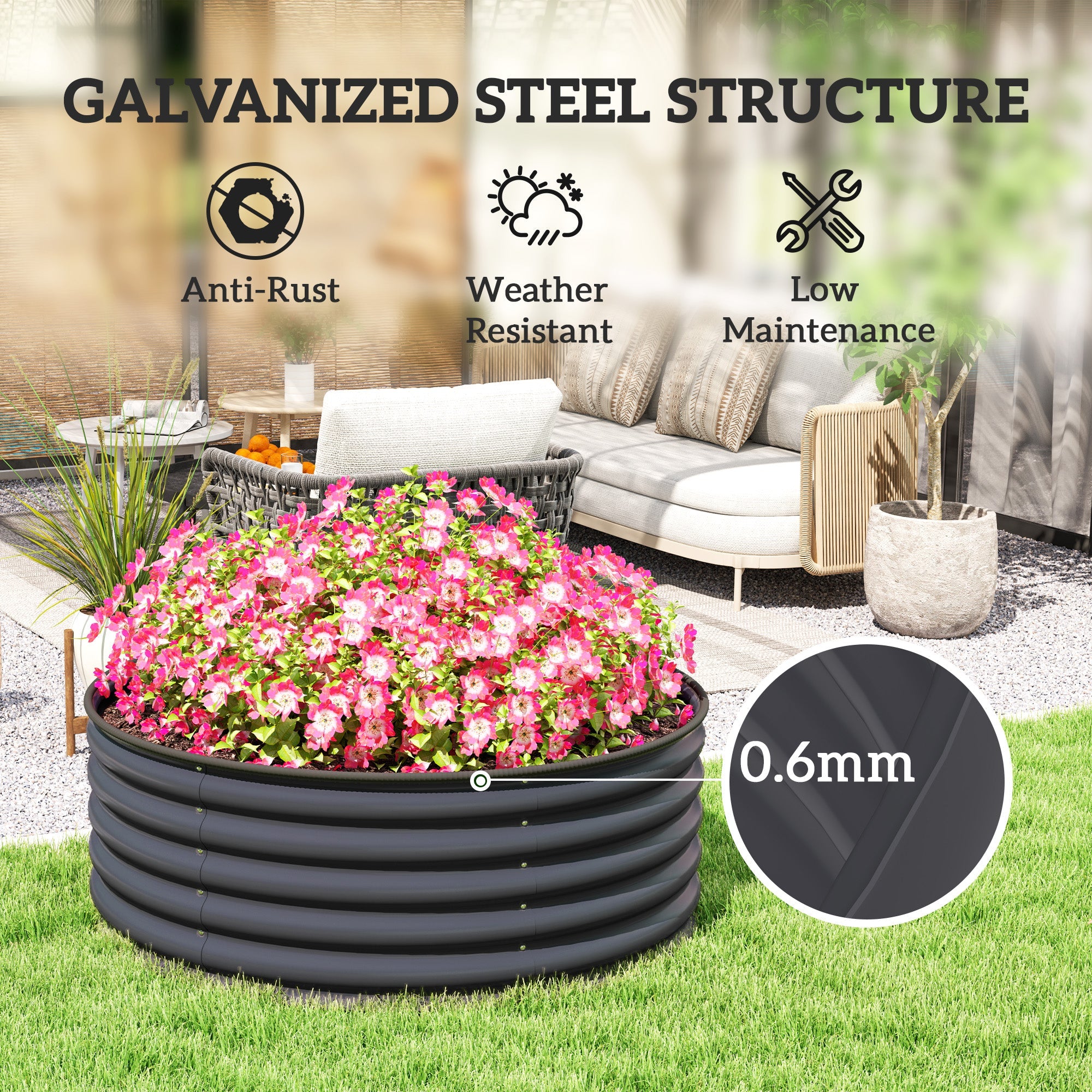 Galvanised Raised Garden Bed Set with Gloves - 120x120x43cm Dark Grey