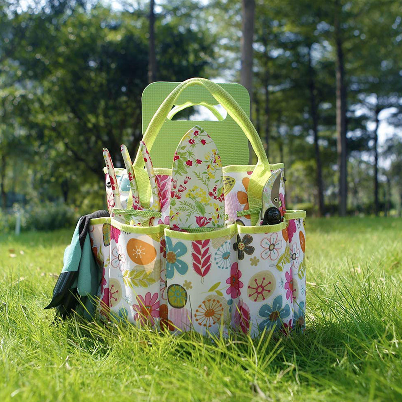 NNEDSZ Green 9-Piece Floral Garden Tool Set for Women – Complete Gardening Kit with Tote Bag, Pruners, and Gloves