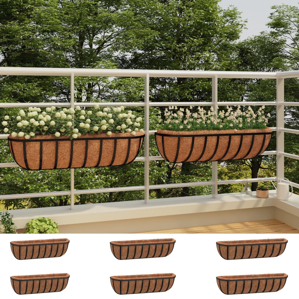 vidaXL Wall Troughs with Coco Liners Garden Balcony Pot 2 Pcs Black Steel